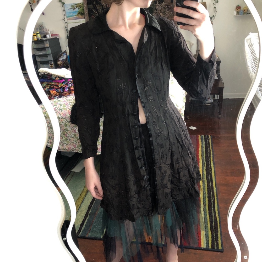 Vintage Black floral embroidered button down dress or blazer with shoulder pads